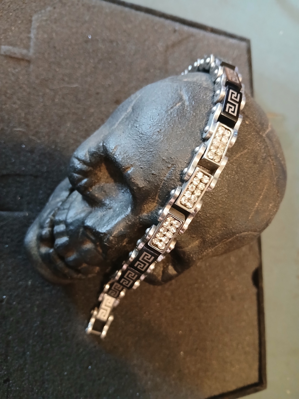 Men's Black and Silver Greek Key Bracelet with Crystal Accents